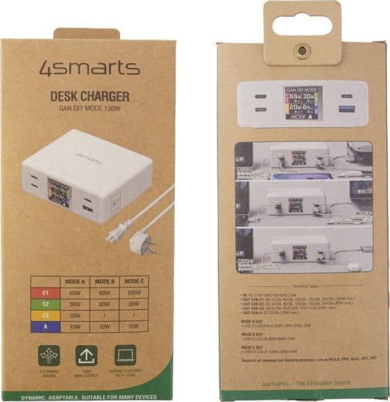Karikues tavoline 4smarts GaN DIY MODE 130W, 4 porta USB, i bardhë