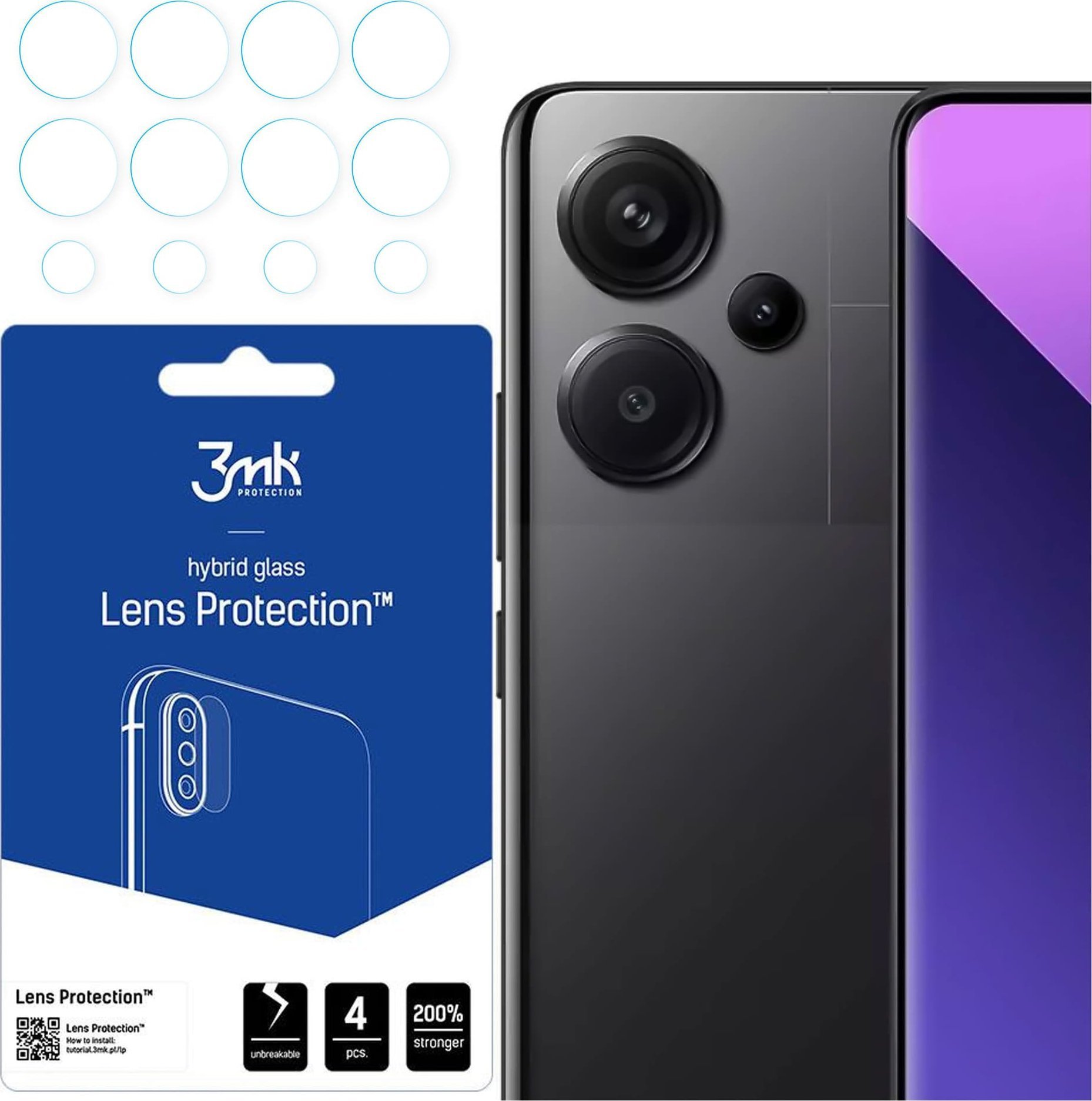 Mbrojtës kamere 3mk Lens Protection për Xiaomi Redmi Note 13 Pro Plus 5G, xham hibrid 7H, 0.2 mm, transparent