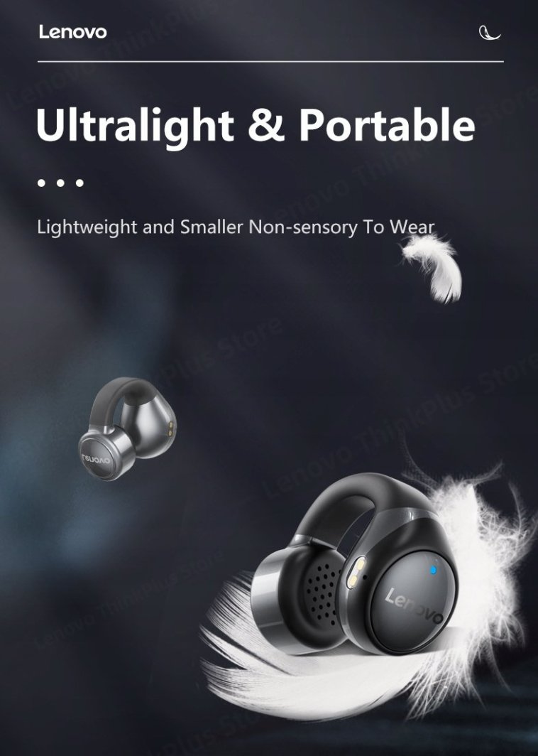 Dëgjuese Lenovo X20 Ear Clip TWS, 6 orë, 10m, me mikrofon, të zeza