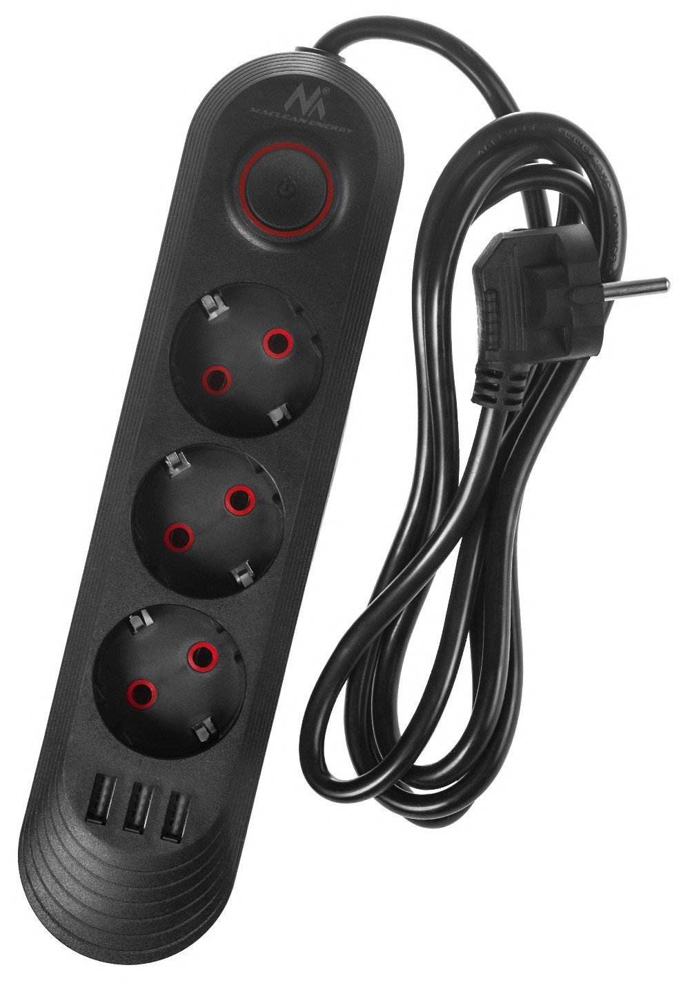 Prizë zgjatues Maclean MCE394 B, 3 dalje, 3x USB 2.1A, 1.5m, e zezë