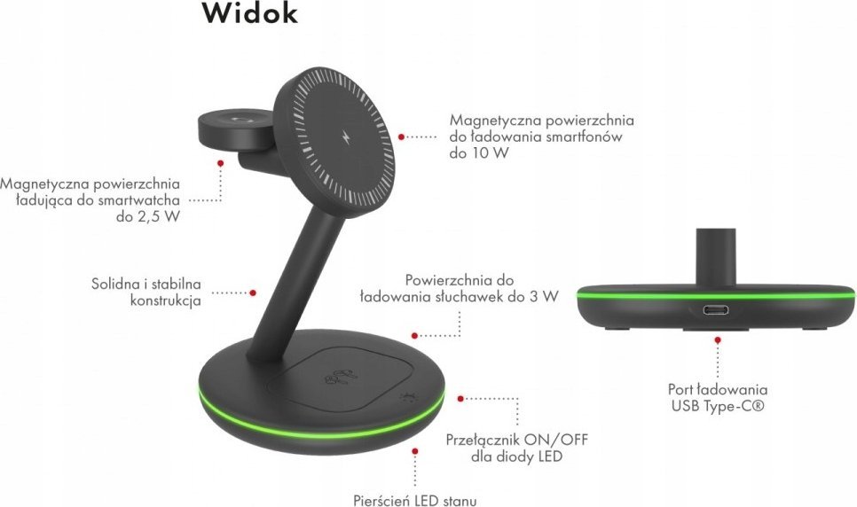 Stacion karikimi ICY BOX 3 in 1, magnetik, për telefon orë dhe kufje, i zi