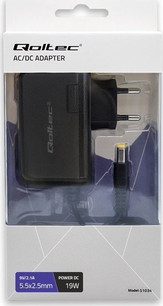 Adaptor rryme Qoltec Plug in, 19W 9V 2.1A, prizë 5.5x2.5, i zi