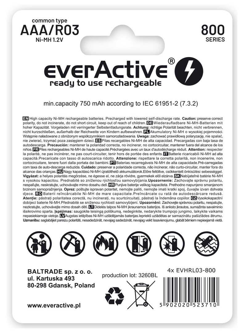 Bateri rikarikueshme EverActive Silver Line AAA R03, 750 mAh, set 2 copë, argjendtë