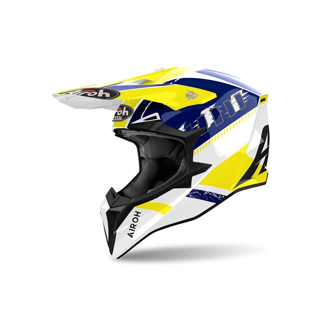 Helmetë motocross Airoh Wraaap Feel, madhësia XS, e bardhë blu e verdhë
