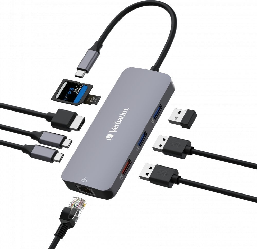 Hub USB C Verbatim CMH-09, 9 porta, 4K, argjendtë
