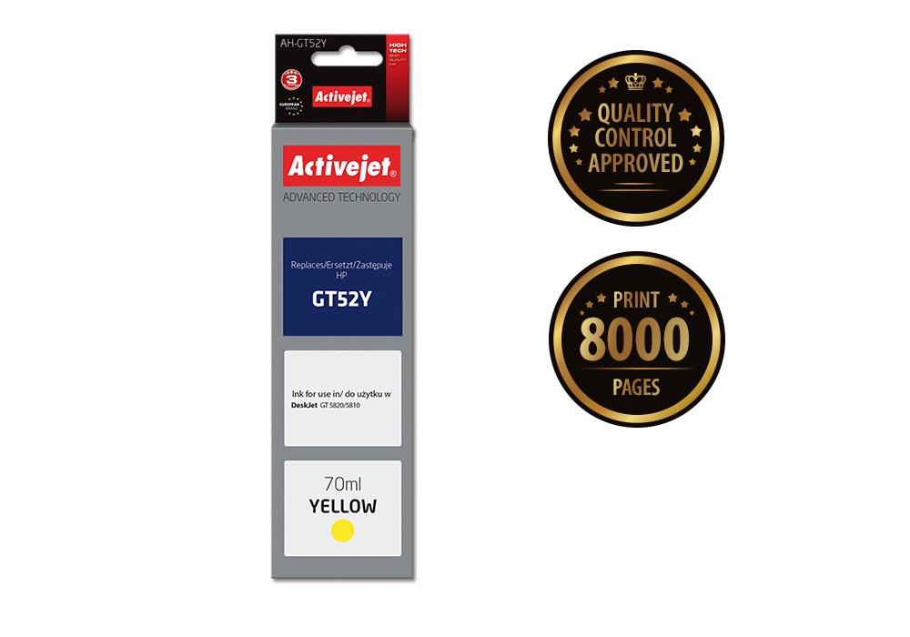 Ngjyrë për printer Activejet AH-GT52Y (zëvendësim për HP GT52Y M0H56AE), 70 ml, e verdhë