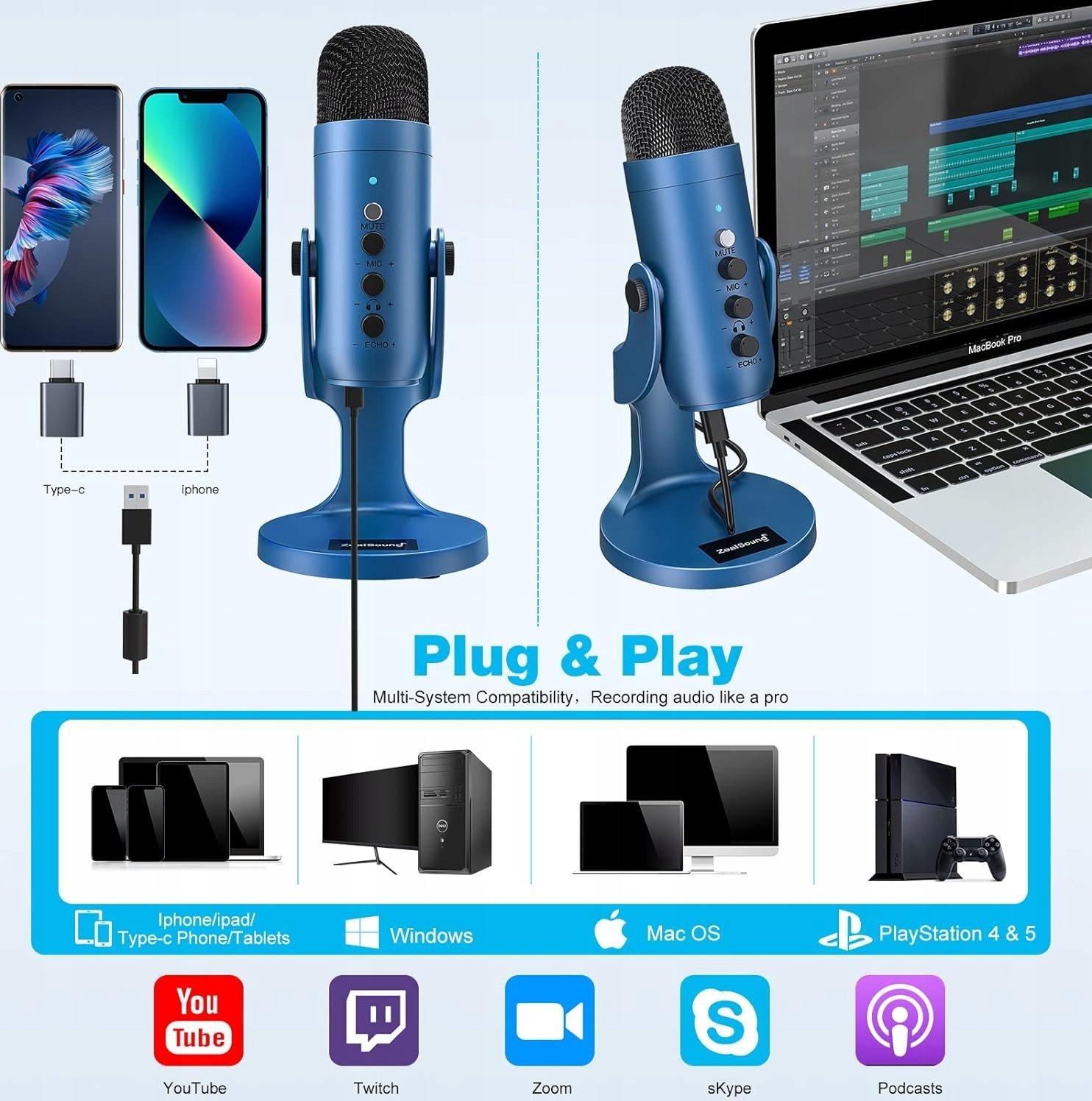 Mikrofon tavoline DELTACO MF-104, USB, i zi