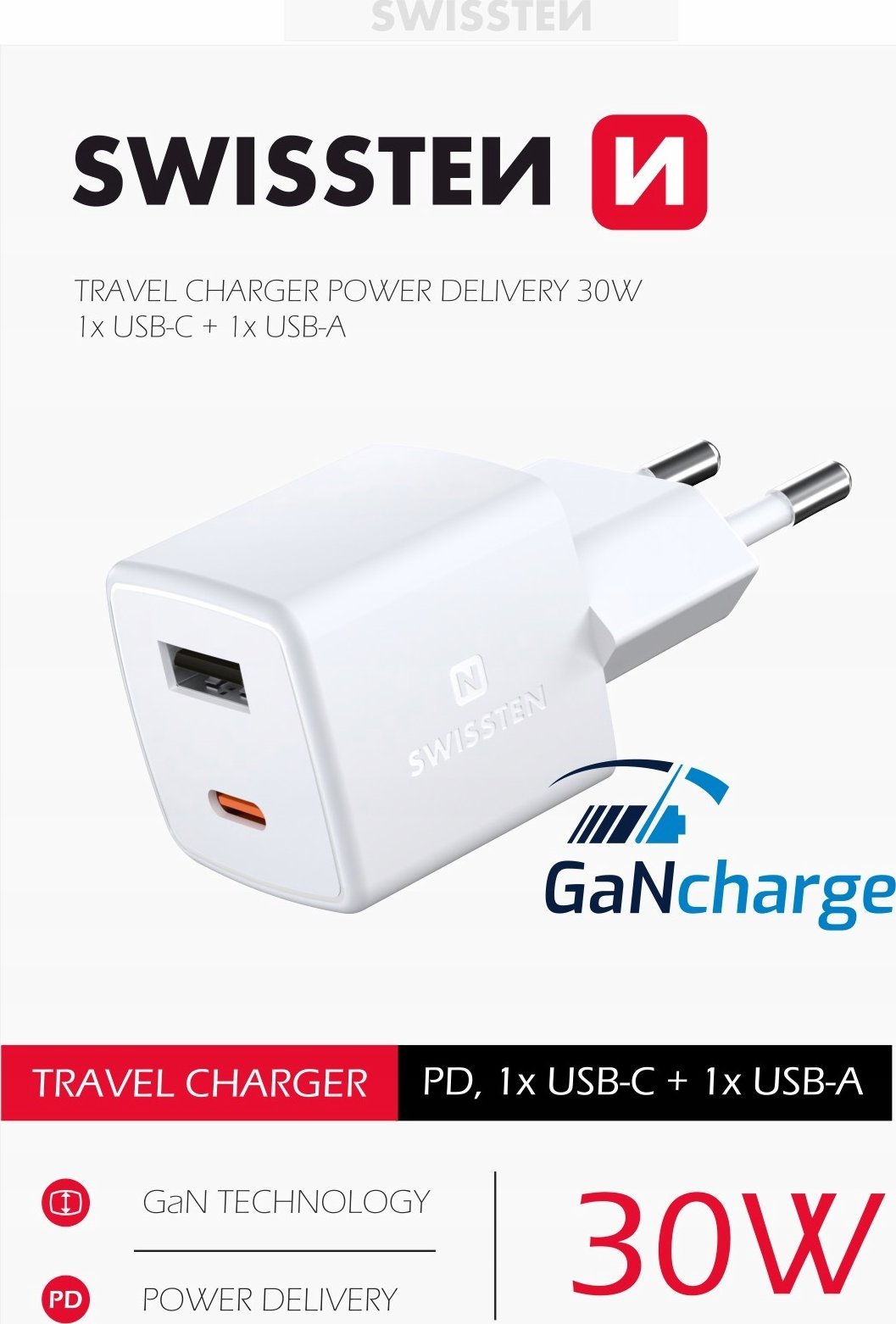 Karikues muri Swissten GaN Mini, 30W Power Delivery, 1x USB C 1x USB, i bardhë