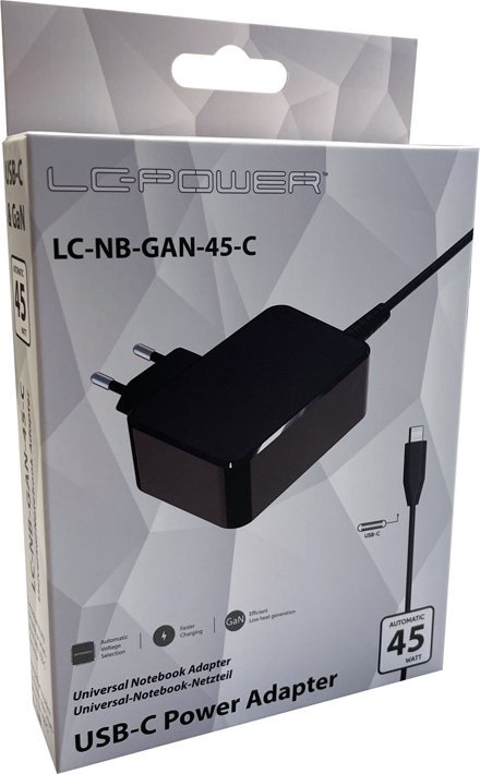 Karikues për laptop LC-Power LC-NB-GAN-45-C, 45W, GaN, i zi