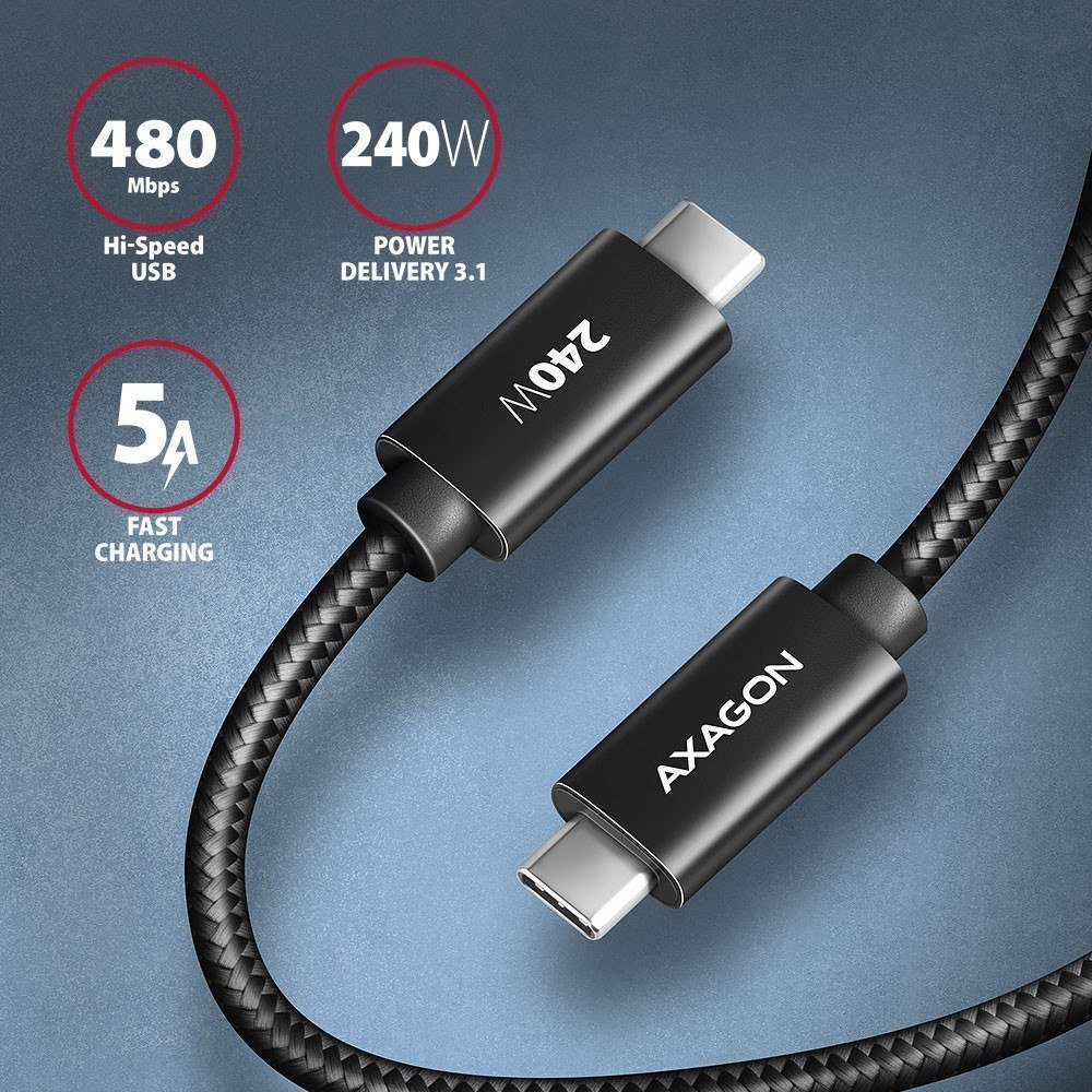 Kabllo USB C në USB C Axagon BUCM2-CM25AB, 2.5 m, 240W, e zezë