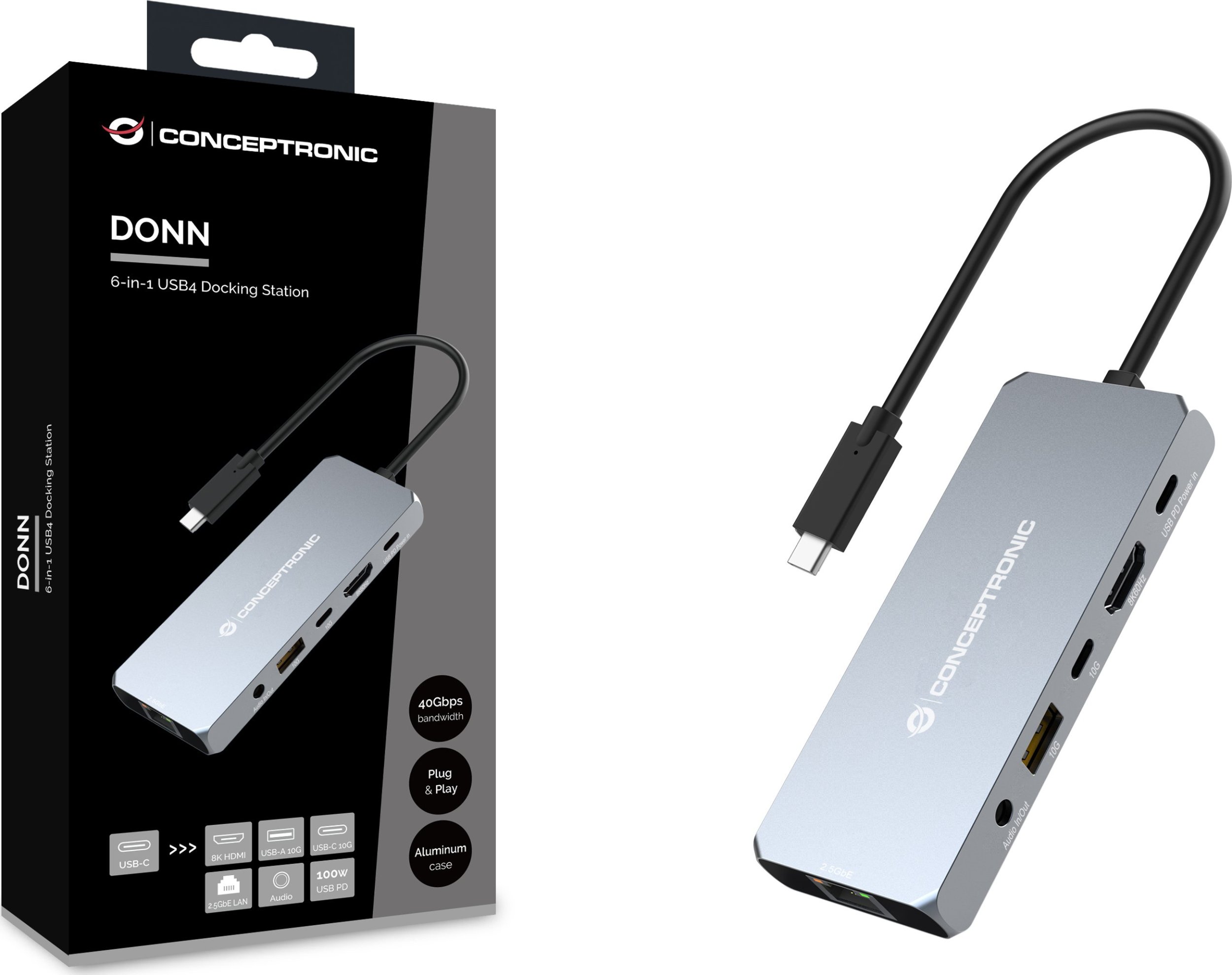 Docking station Conceptronic DONN22G, USB4 6 në 1, 8K HDMI, 2.5Gbps Ethernet, gri