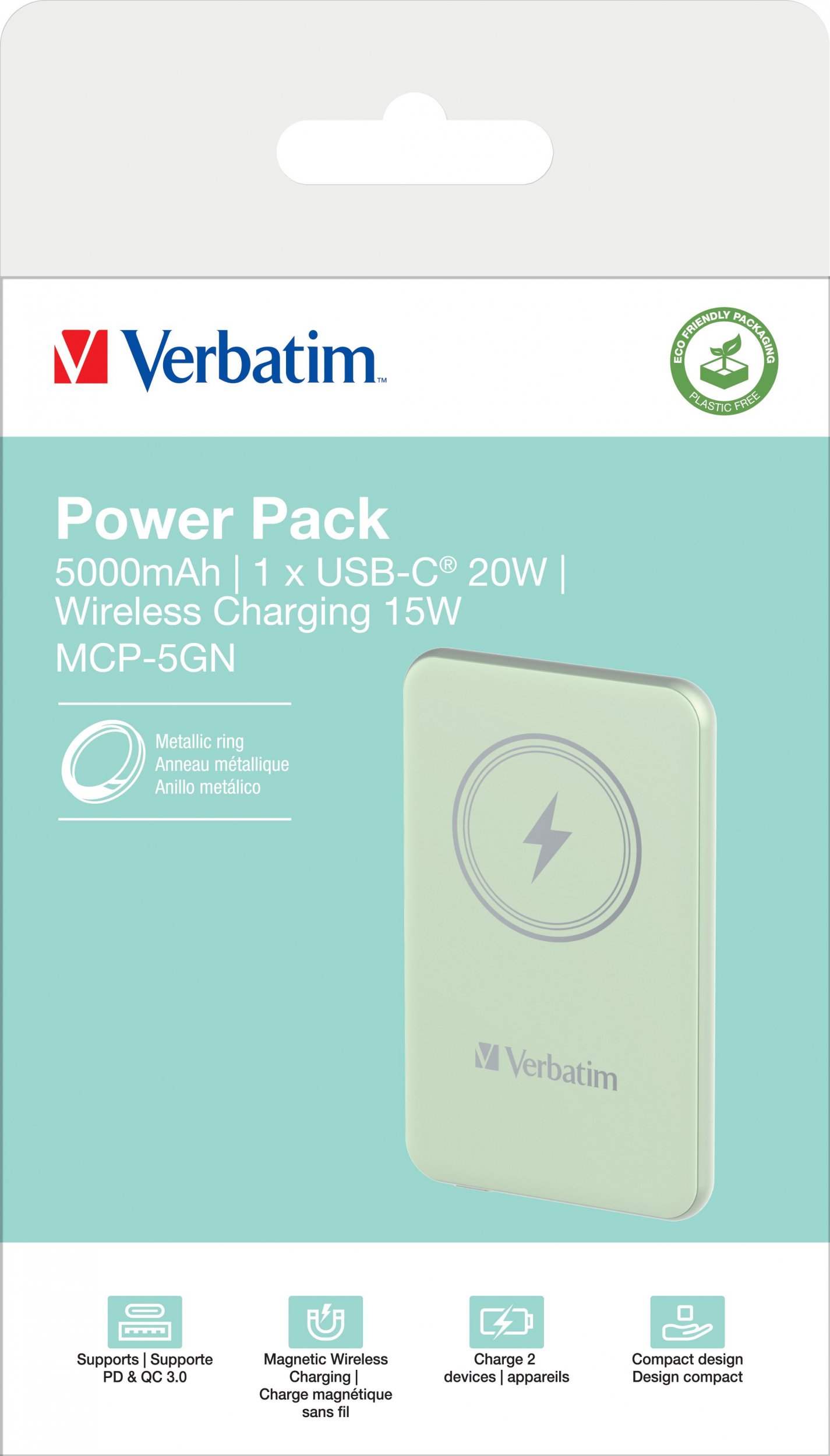 Karikues portativ Verbatim Charge 'n' Go, 5000mAh, karikim wireless magnetik, i gjelbër