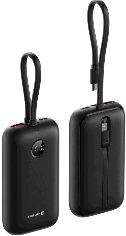 Power bank Swissten Voltbox, 10000 mAh, 35W, me kabllo USB C dhe Lightning, i zi