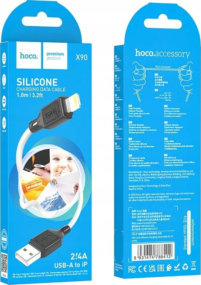 Kabllo karikimi Hoco X90, USB A në Lightning, 1 m, 2.4A, e bardhë