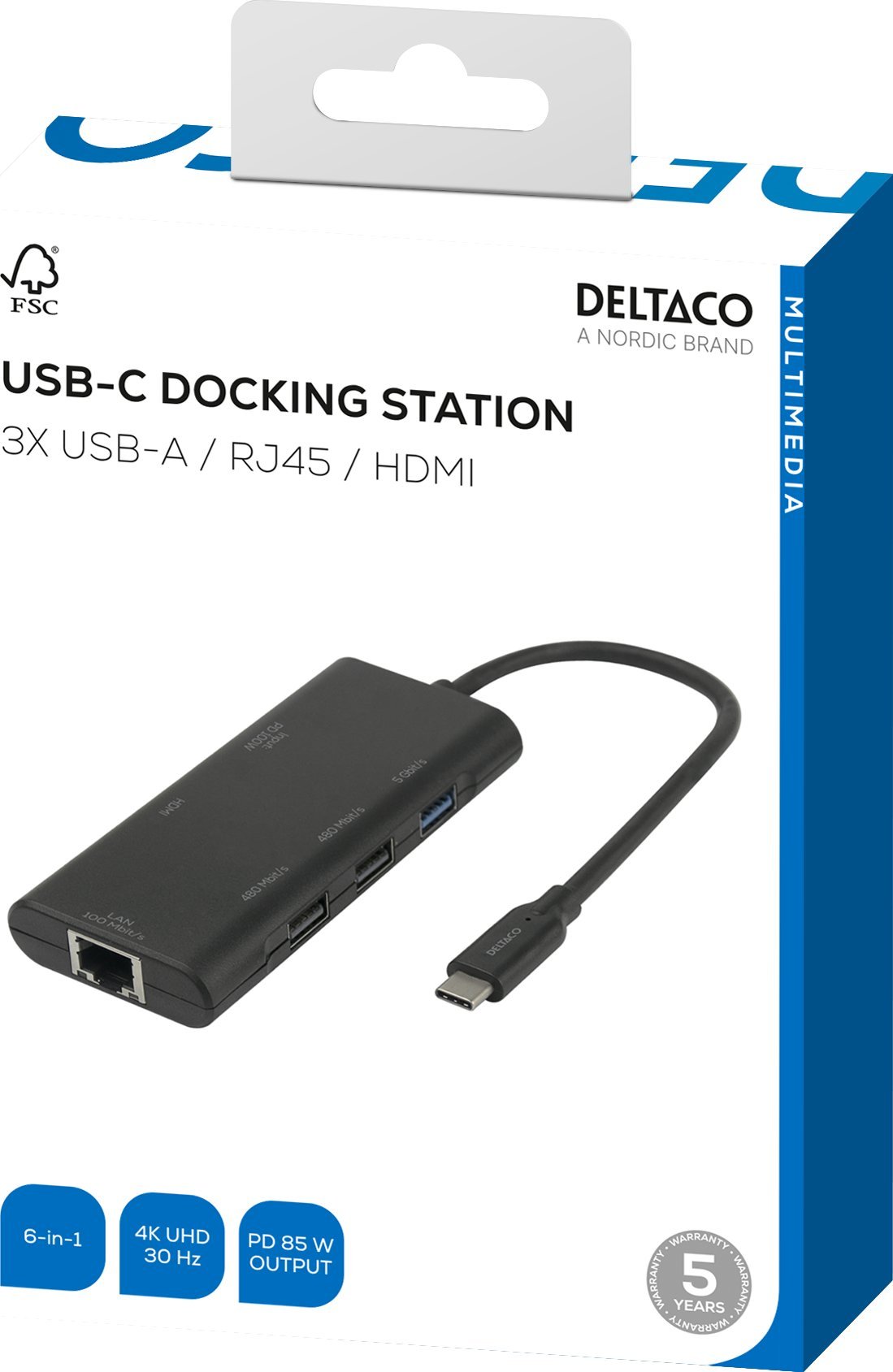 Docking station USB C Deltaco, HDMI, 3x USB A, RJ45, gri
