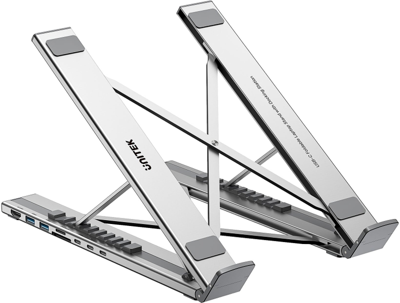 Qëndrim laptopi Unitek Adjustable, USB C/A hub, HDMI 2.0, PD 100W, argjendtë