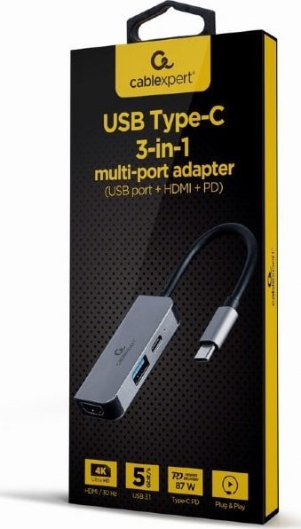 Dock station Gembird 3in1 (A-CM-COMBO3-02), USB-C Station, 1x HDMI, 1x USB 3.0, USB-C, i hirtë