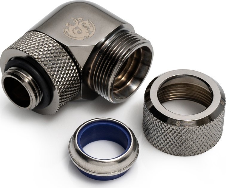 Lidhës Bitspower Advanced Multi-Link 90°, G1/4", për tuba 14 mm, i argjendtë