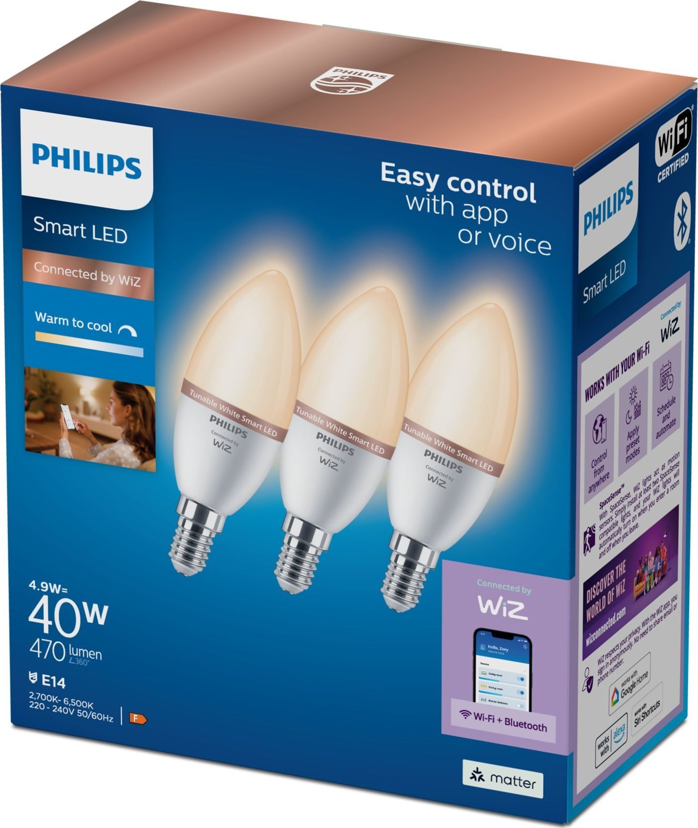 Set llamba inteligjente Philips WiZ Candle C37, E14, 4.9W, Tunable White, 3 copë