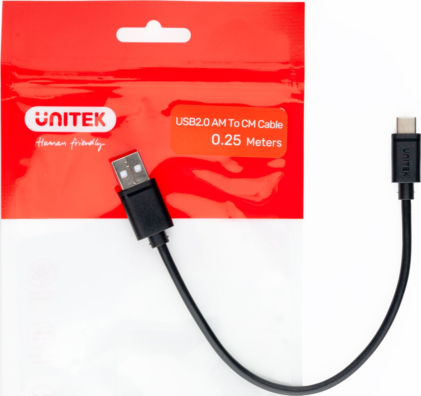 Кабел USB Unitek Y-C480BK, USB-A во USB-C, 0.25 м, црн