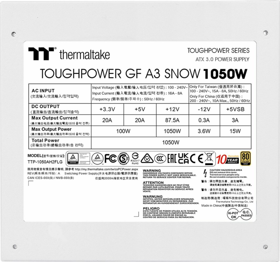 Burim energjie Thermaltake Toughpower GF A3 Snow PS-TPD-1050FNFAGE-N ATX 3.0, 1050W