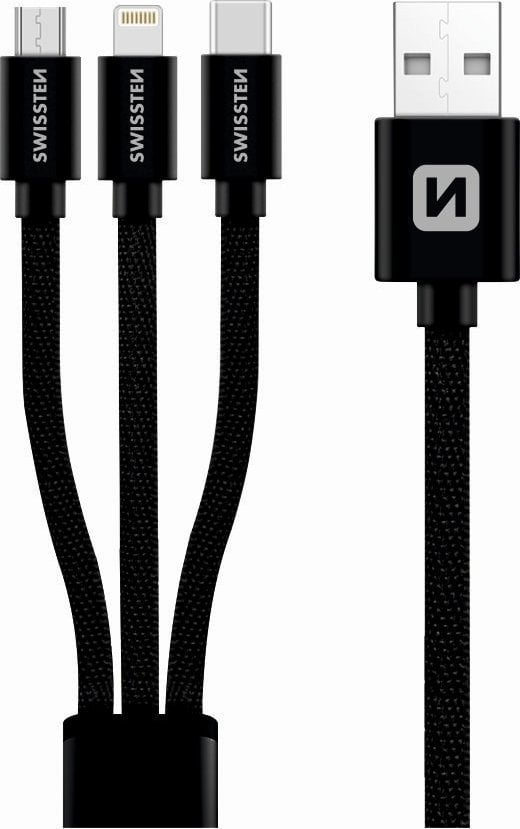 Kabllo USB Swissten 3 në 1 USB A në USB C microUSB Lightning, 1.2m, e zezë