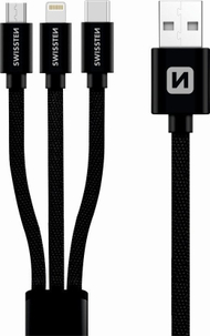 Kabllo USB Swissten 3 në 1 USB A në USB C microUSB Lightning, 1.2m, e zezë