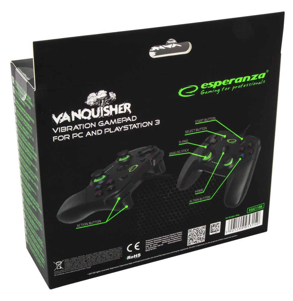 Gamepad Esperanza Vanquisher Pad EGG110K, me vibrim, për PS3 dhe PC, i zi