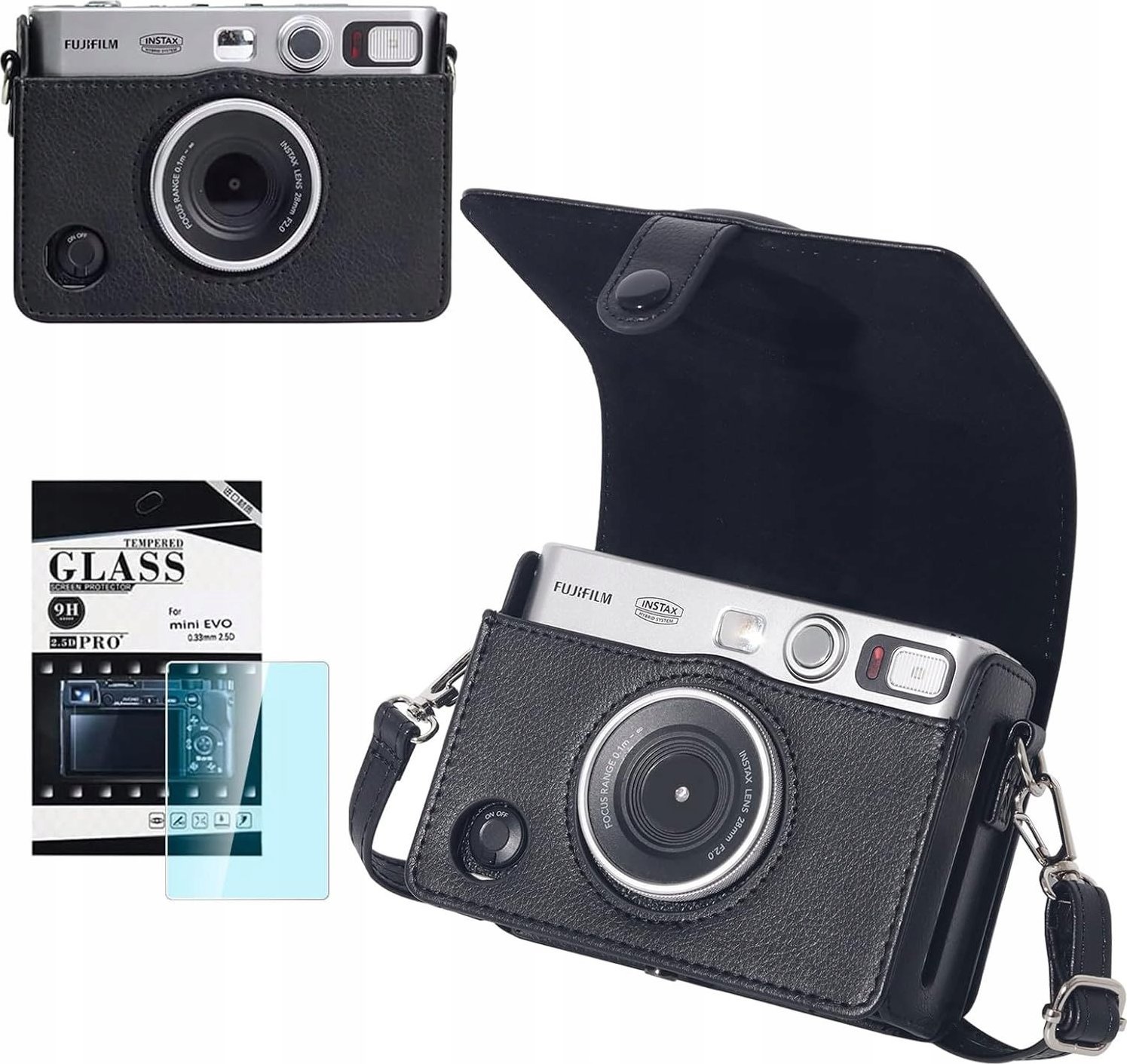 Mbulesë aparati Loveinstant për Fujifilm Instax Mini Evo, lëkurë ekologjike, me mbrojtje LCD, e zezë