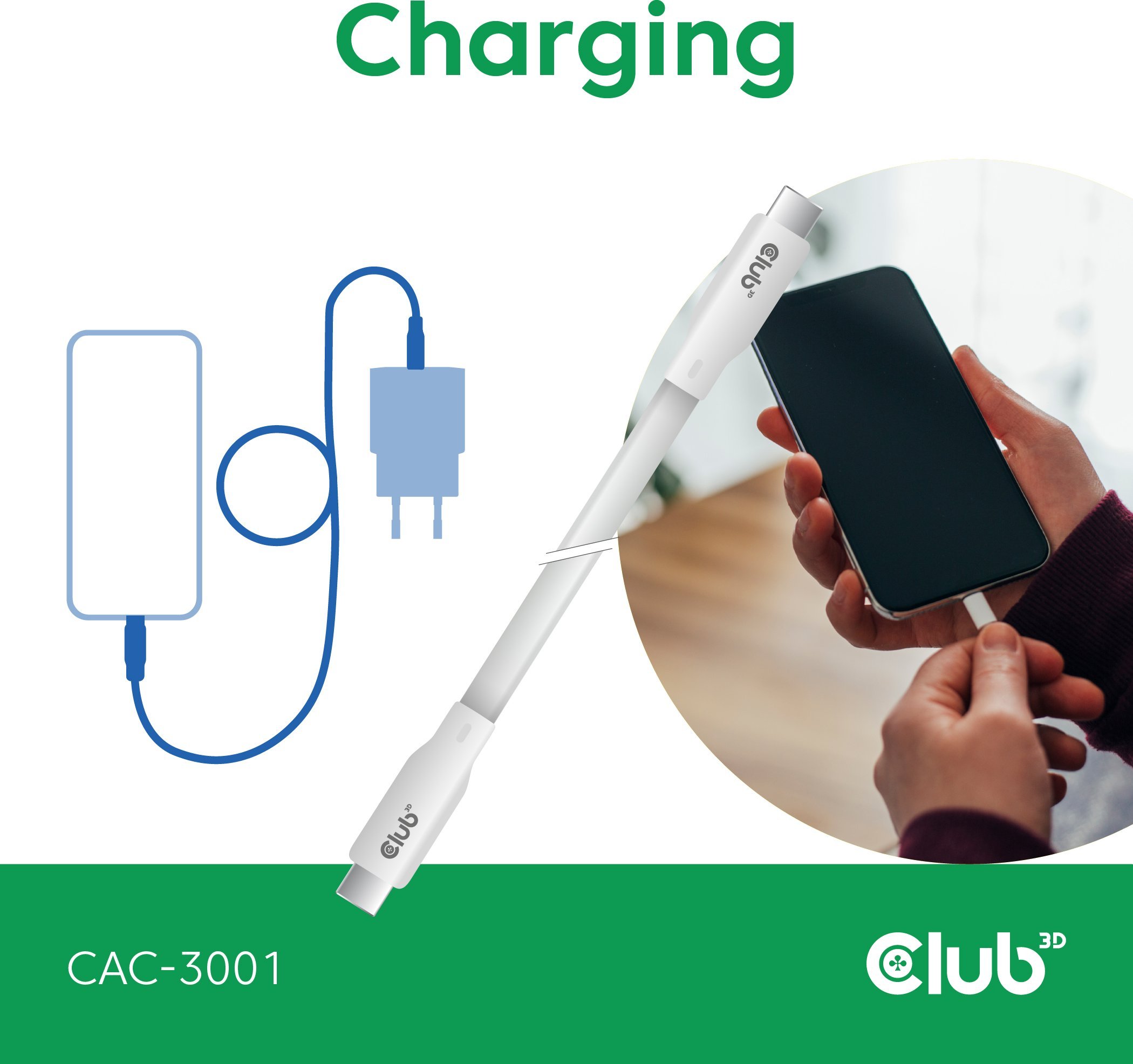 Kabllo USB C në USB C Club3D CAC 2m, 240W, 20Gbps, e bardhë