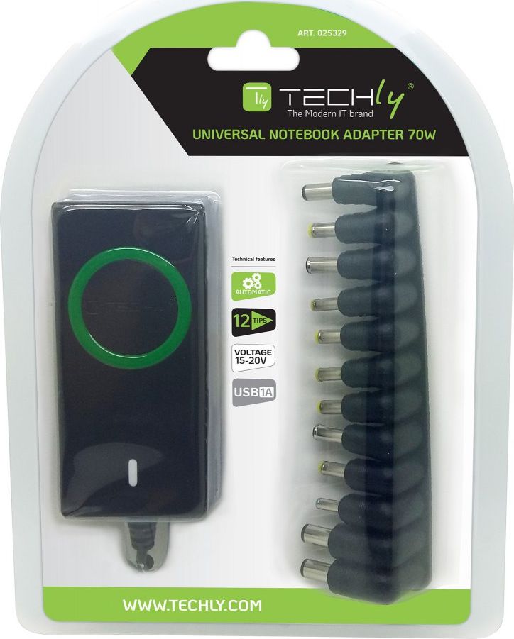 Karikues universal për laptop Techly IPW-NTS70WTY, 70W, port USB, i zi