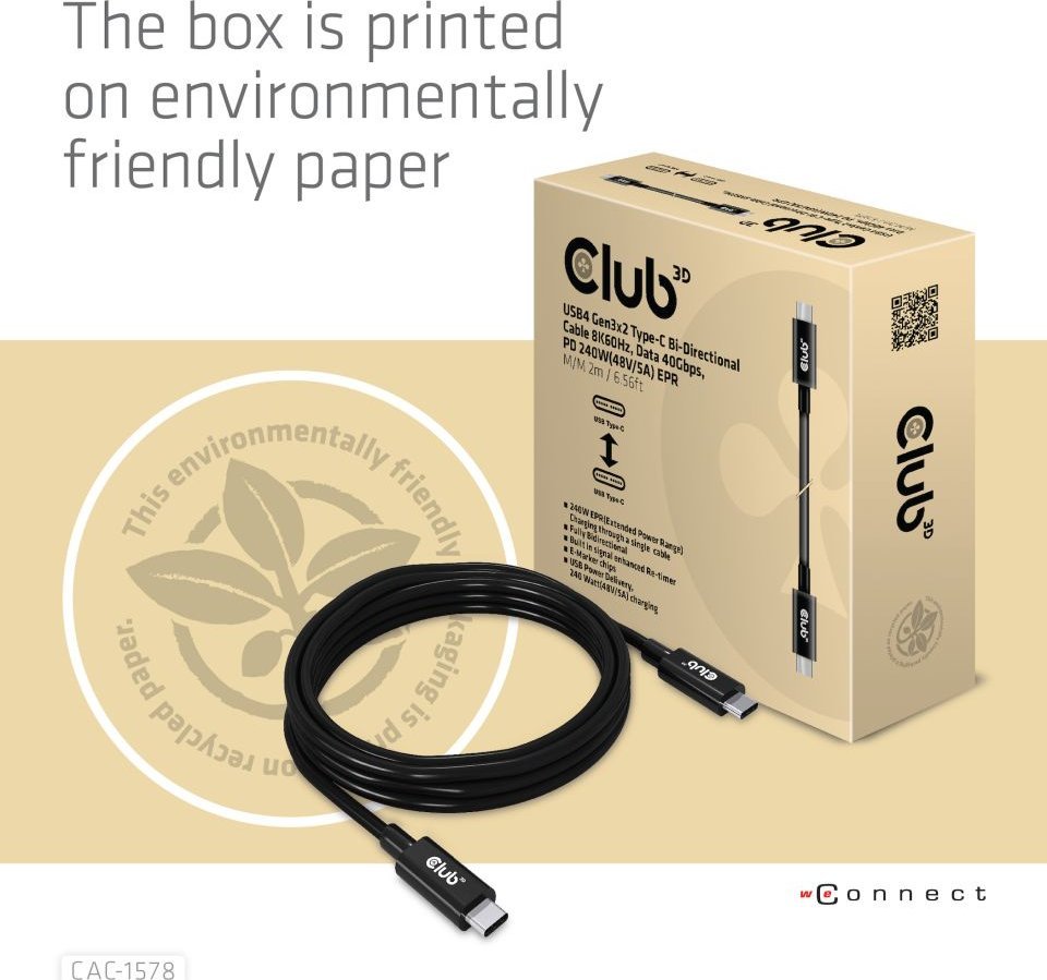 Kabllo USB4 Club 3D CAC-1576, 40 Gbps, PD 240W, 2m, e zezë