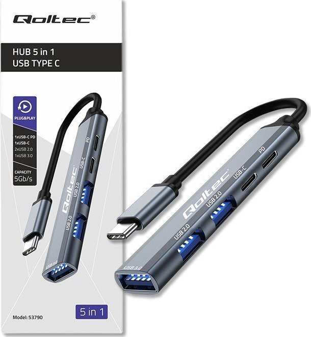 USB HUB Qoltec 5in1, USB C 3.1, PD, gri