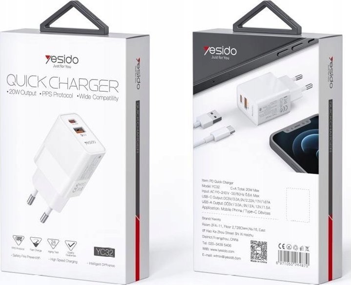 Karikues muri Yesido YC32, 20W, QC 3.0 PD, i bardhë