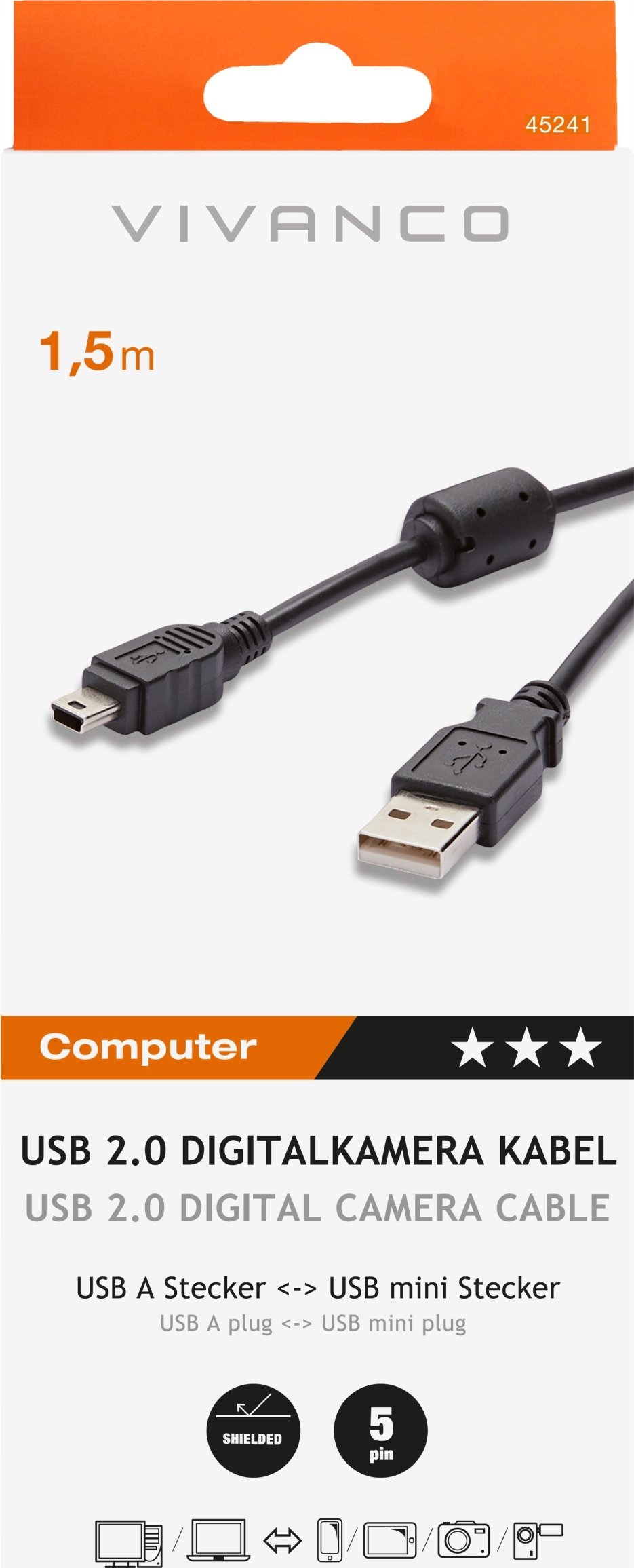 Kabllo USB në Mini USB VIVANCO CC U 15 D2, USB 2.0, 1.5m, e zezë