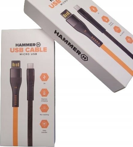 Kabllo Hammer micro USB, 1.2 m, 3A, zi portokalli