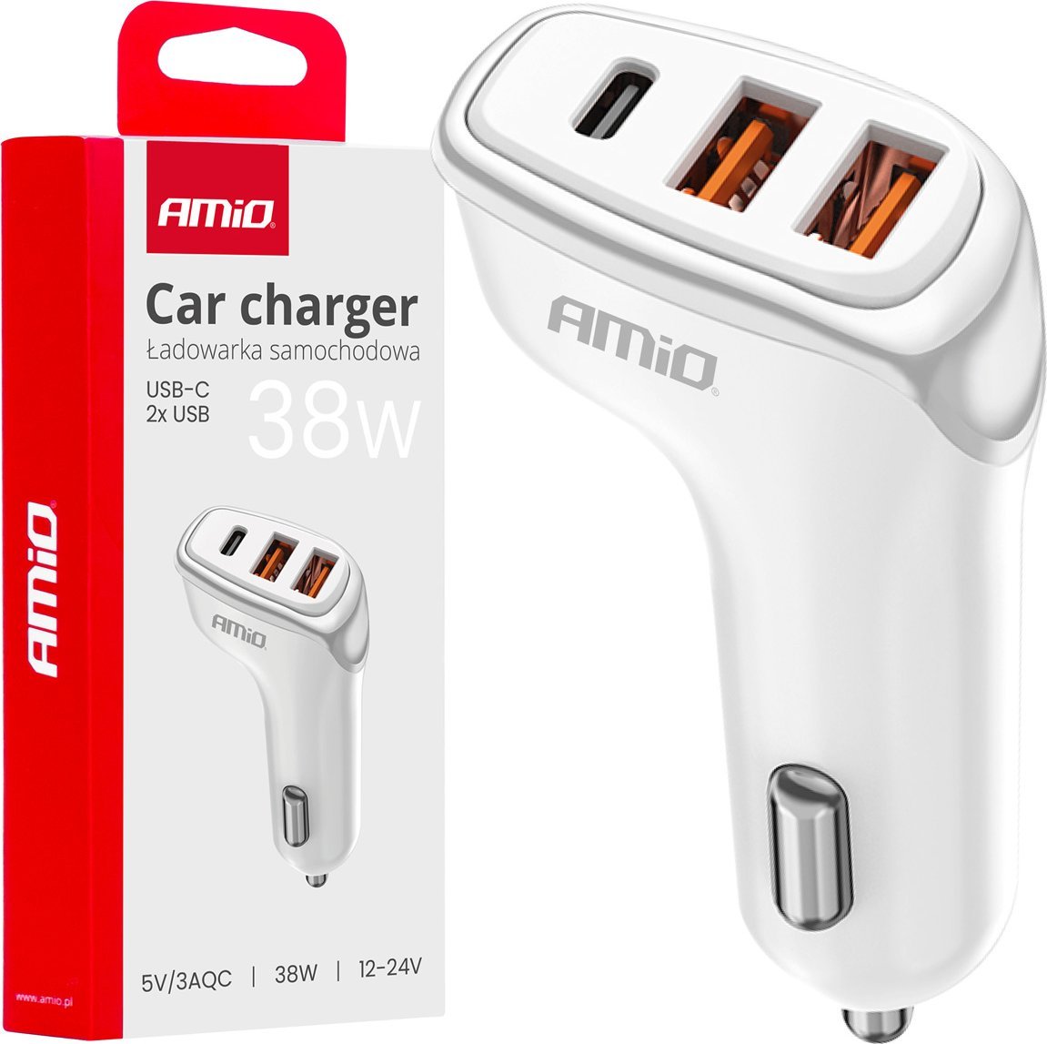 Karikues veture AMiO 03886, 3 porta, USB dhe USB C, i zi