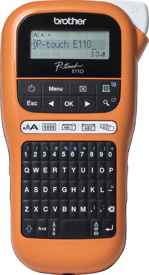 Printer etiketa Brother PT-E110VP, me adapter dhe kuti, portativ, portokalli