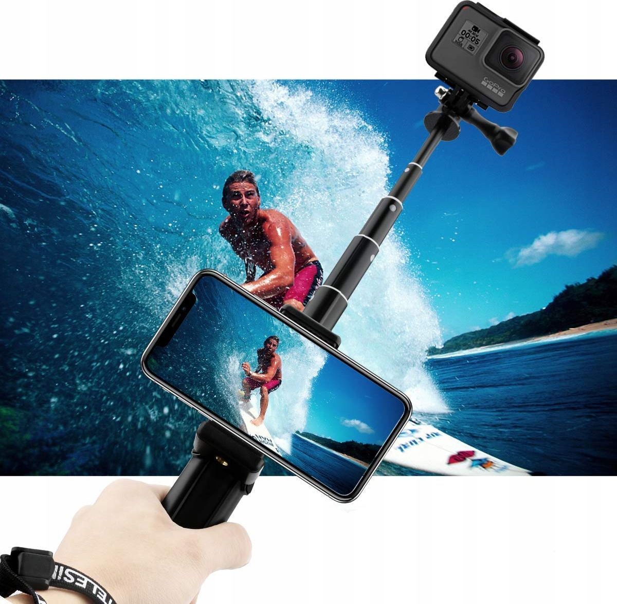 Selfie stick trekëmbësh Telesin GP-MNP-090-S, 20-90cm, për kamera sportive, i zi