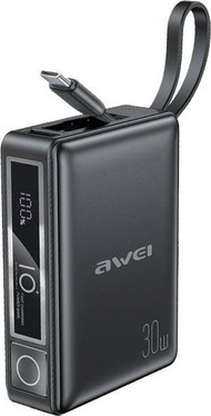 Powerbank Awei P87K, 10000mAh, 30W, me kabllo të integruar, i zi