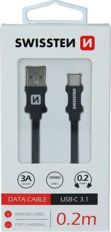 Kabllo USB në USB C Swissten Textile, 0.2m, 3A, e zezë