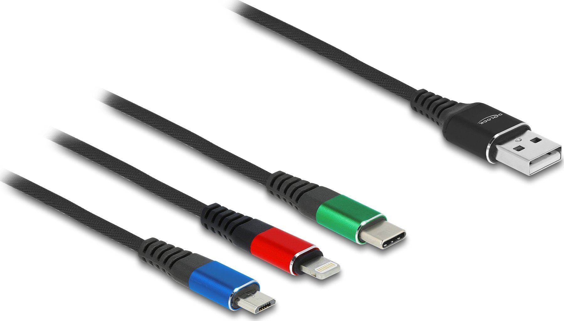Kabllo karikimi DELOCK USB 3in1, Lightning Micro USB USB C, 2m, e zezë