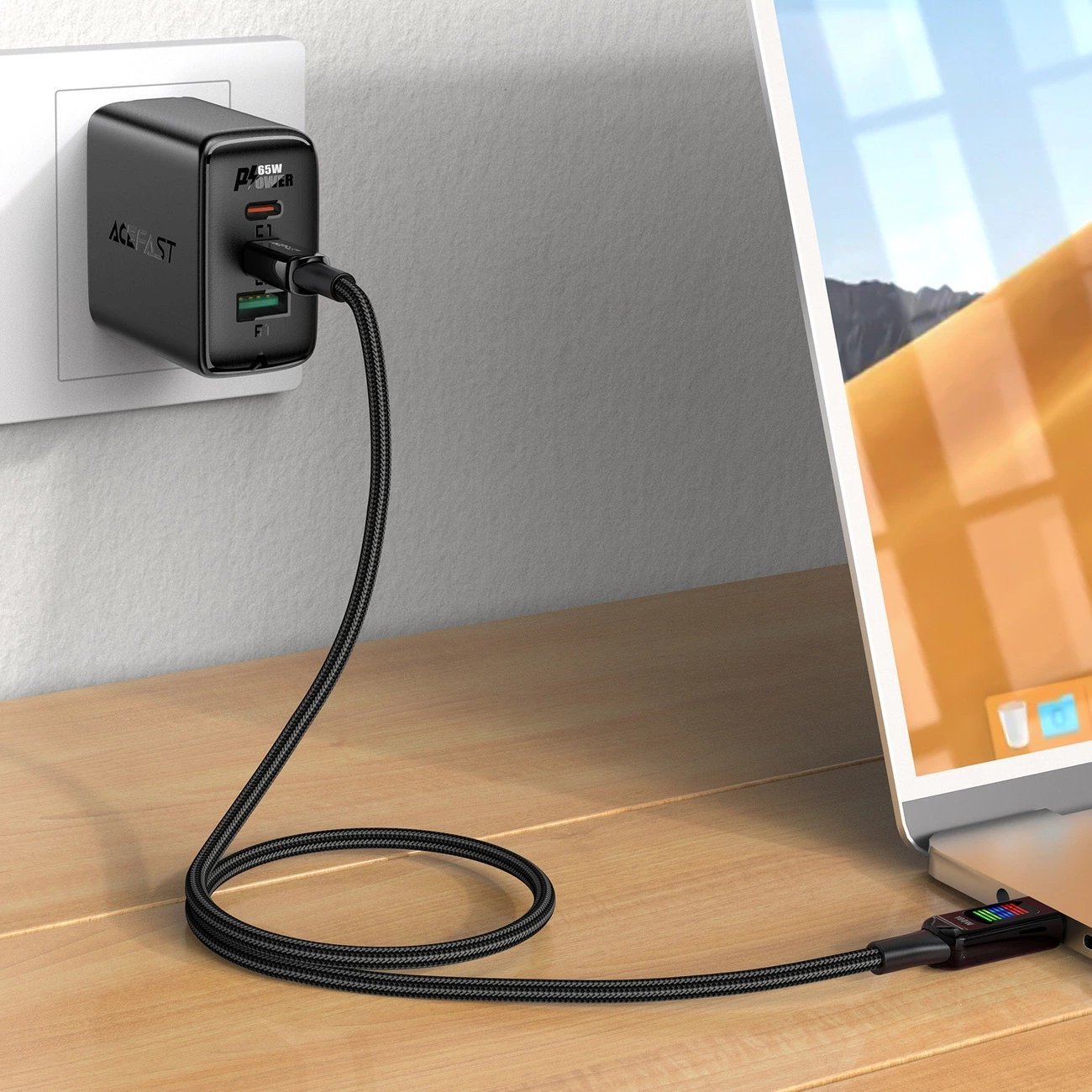 Kabllo karikimi ACEFST USB C në USB C, 100W 5A, ekran LED, e bardhë