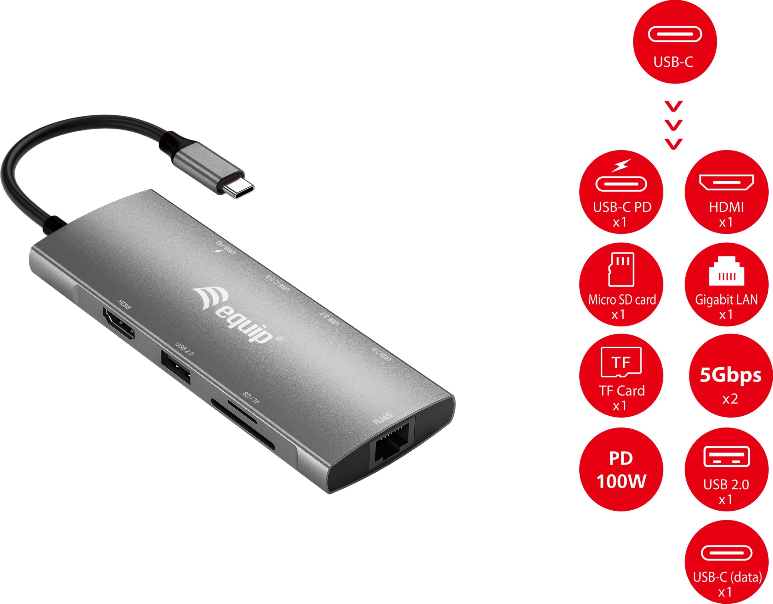 Adaptues USB-C Equip 133490, 9 në 1, HDMI 4K 60Hz, Gigabit LAN, gri