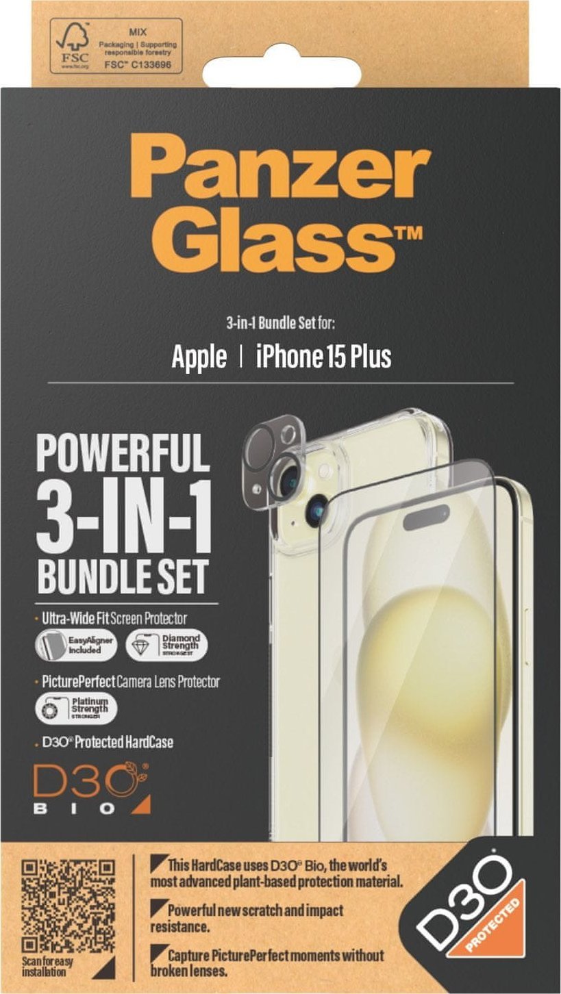 Set mbrojtës PanzerGlass 3 in 1 për iPhone 15 Plus, xham mbrojtës, mbrojtje për pjesën e pasme, transparent