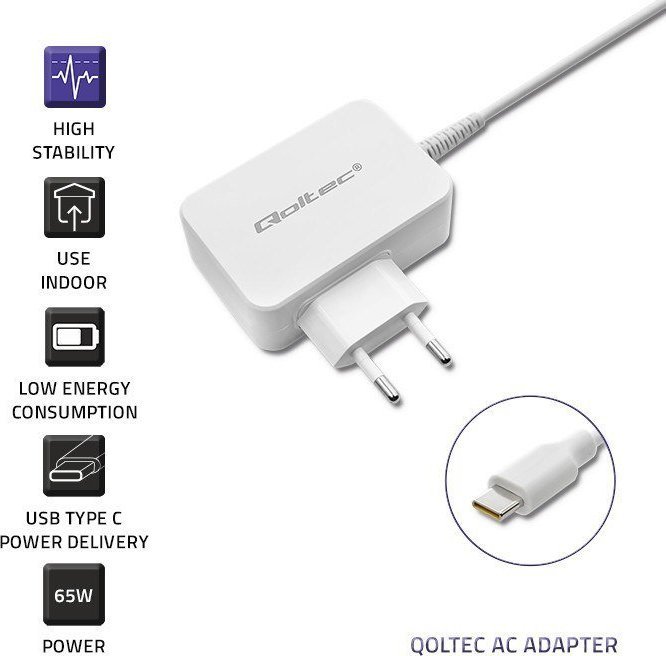 Adapter karikues Qoltec 51039, 65W, USB Type C, i bardhë
