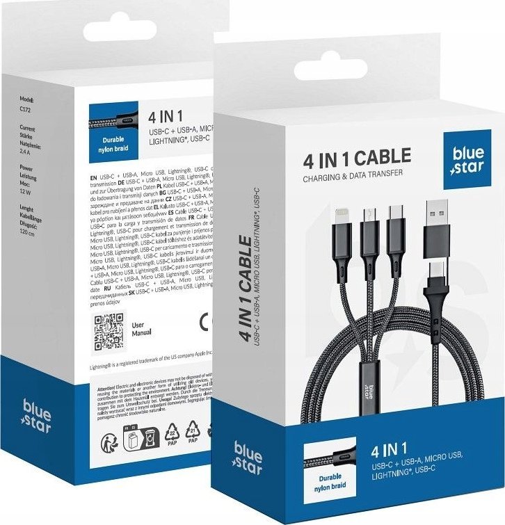 Kabllo karikimi Blue Star 4in1, USB A në Micro USB Lightning Type C, 2.4A 12W, 1.2m