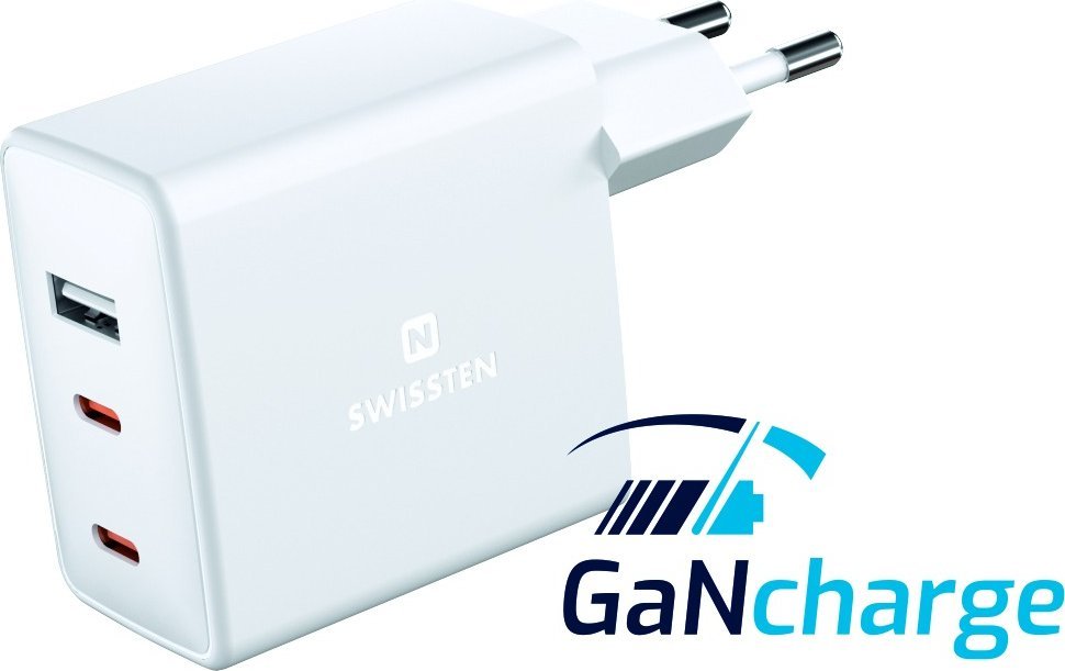 Ѕиден полнач Swissten GaN, 70W, 2x USB C и USB, бел