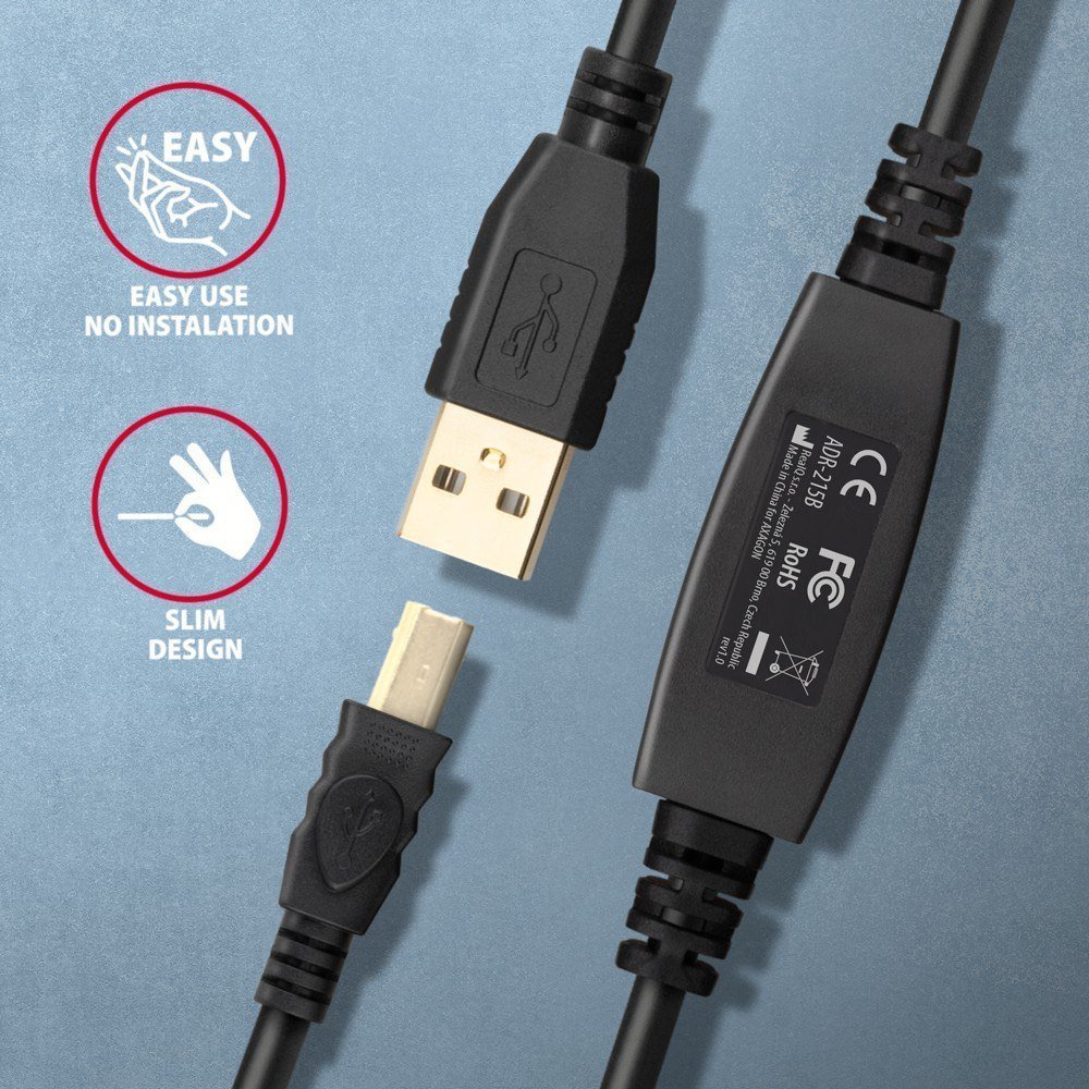 Kabllo USB Axagon ADR-215B, USB-A në USB-B, 15 m, e zezë