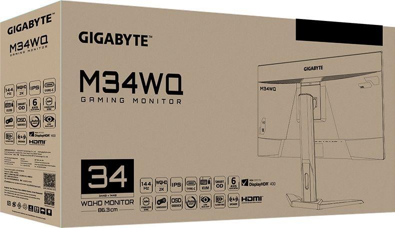 Monitor Gigabyte M34WQ KVM, 34'', 144Hz, Class G, 3440 x 1440 (UWQHD, IPS, i zi